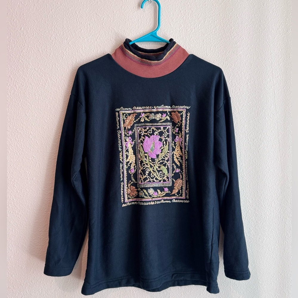 Vintage Bobbie Brooks Black Mock neck Sweater with Multicolor Floral Accents